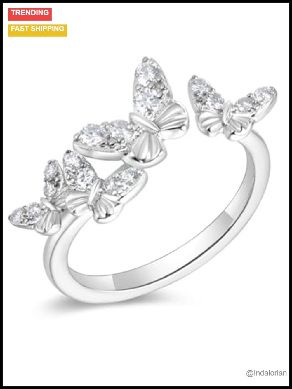 Moissanite Butterfly Star Adjustable Ring 925 Sterling Silver Rhodium Finish